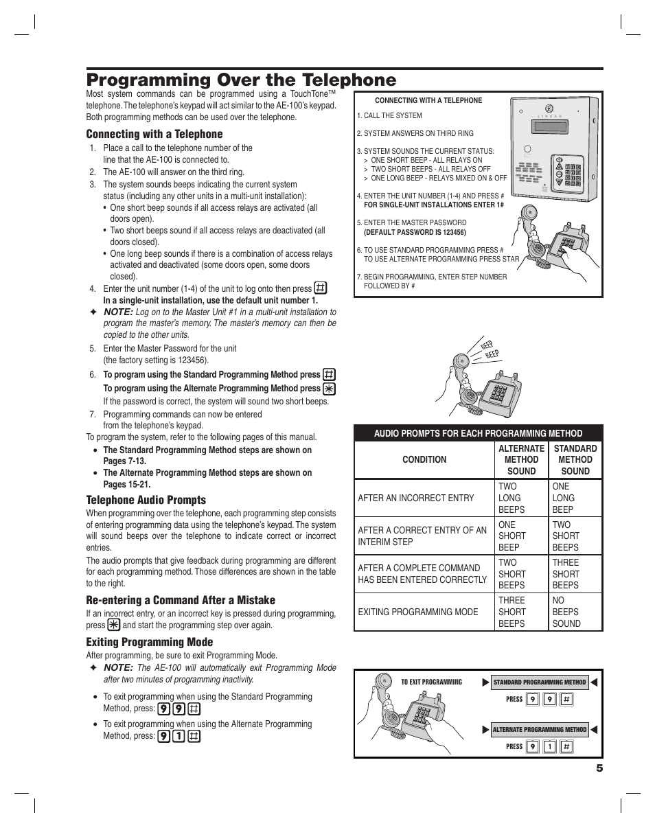 Programming over the telephone | Linear ACCESS AE-100 User Manual | Page 5 / 24