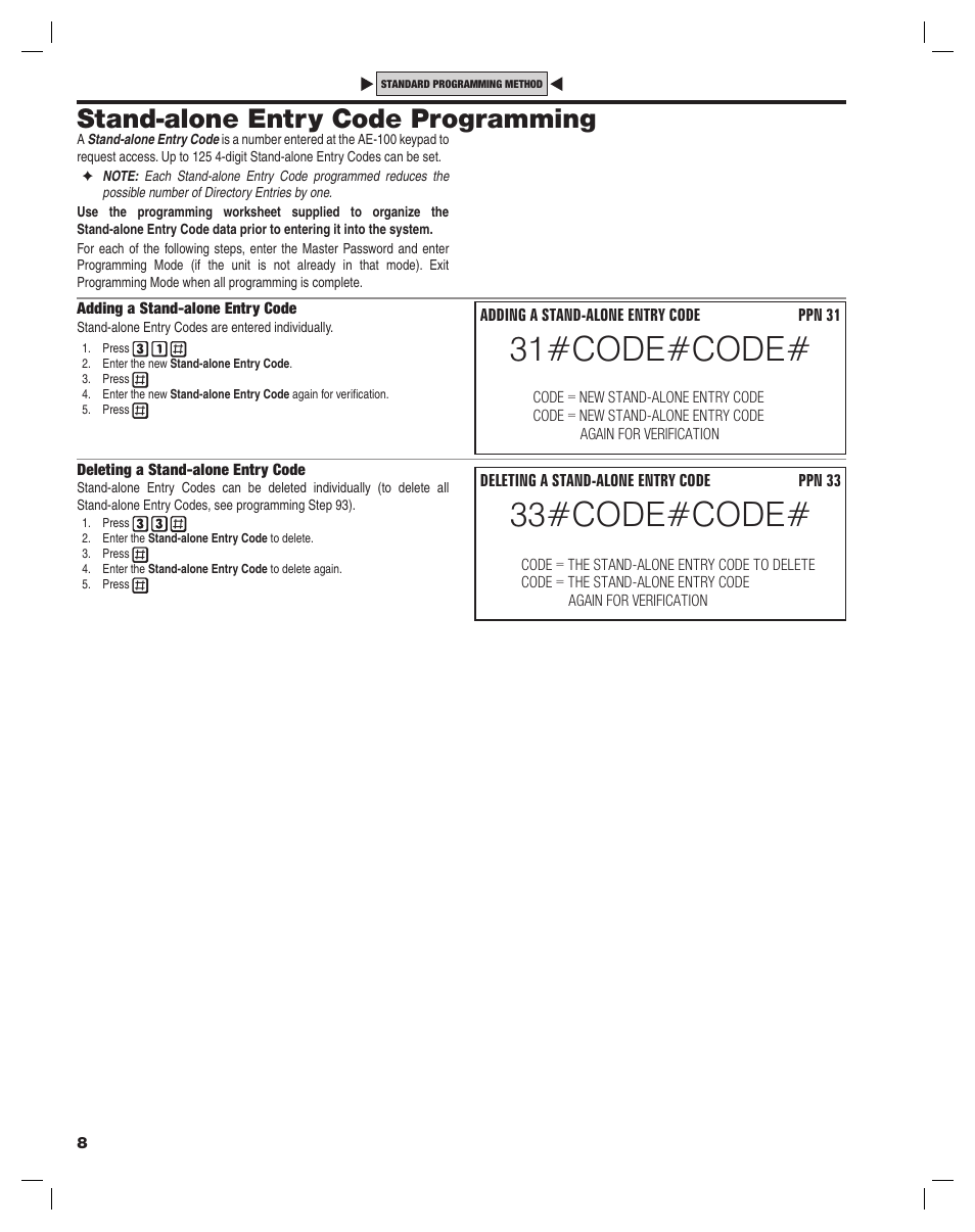 33#code#code, 31#code#code, Stand-alone entry code programming | Linear ACCESS AE-100 User Manual | Page 8 / 24