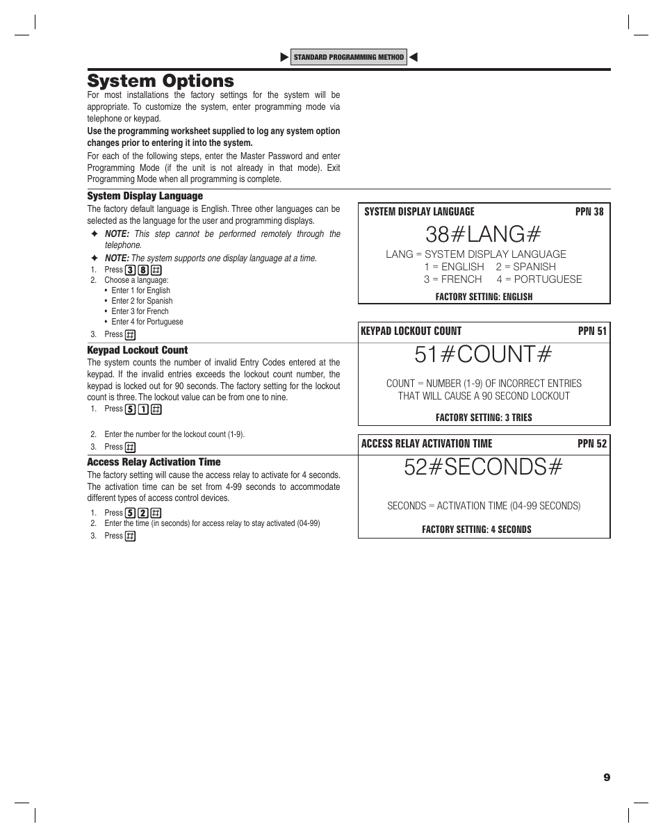 51#count, 52#seconds, 38#lang | System options | Linear ACCESS AE-100 User Manual | Page 9 / 24