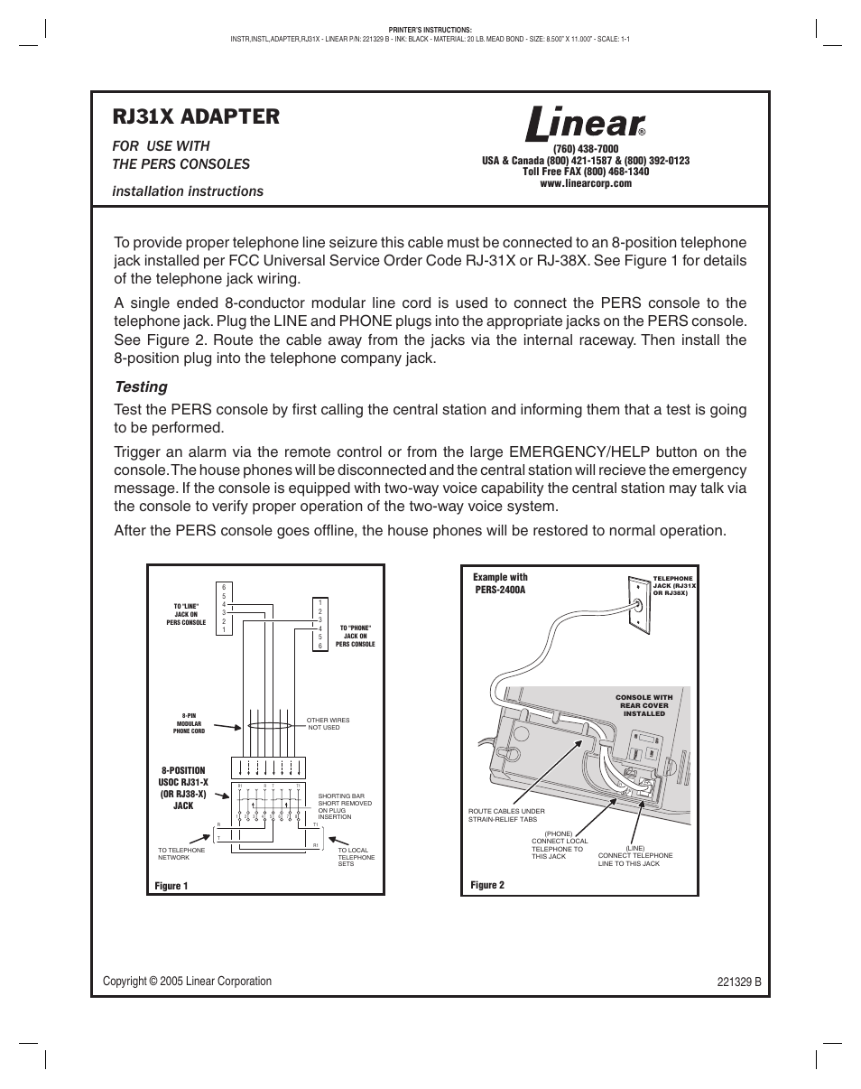 Linear RJ31X User Manual | 1 page
