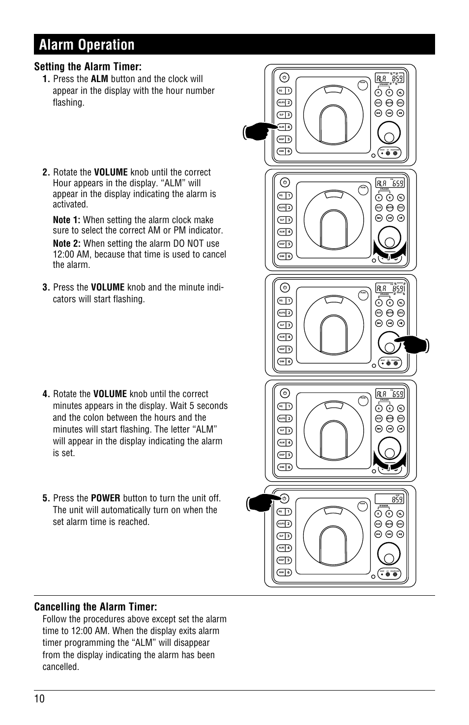 Alarm operation, Setting the alarm timer, Cancelling the alarm timer | Linear RV4500 User Manual | Page 10 / 28
