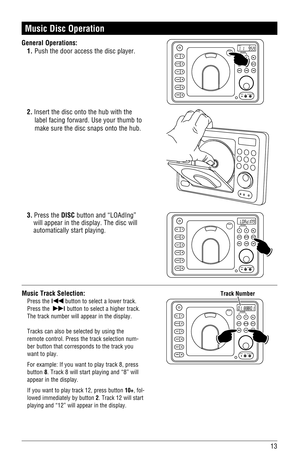 Music disc operation, Press the l, Button to select a lower track. press the | Track number | Linear RV4500 User Manual | Page 13 / 28