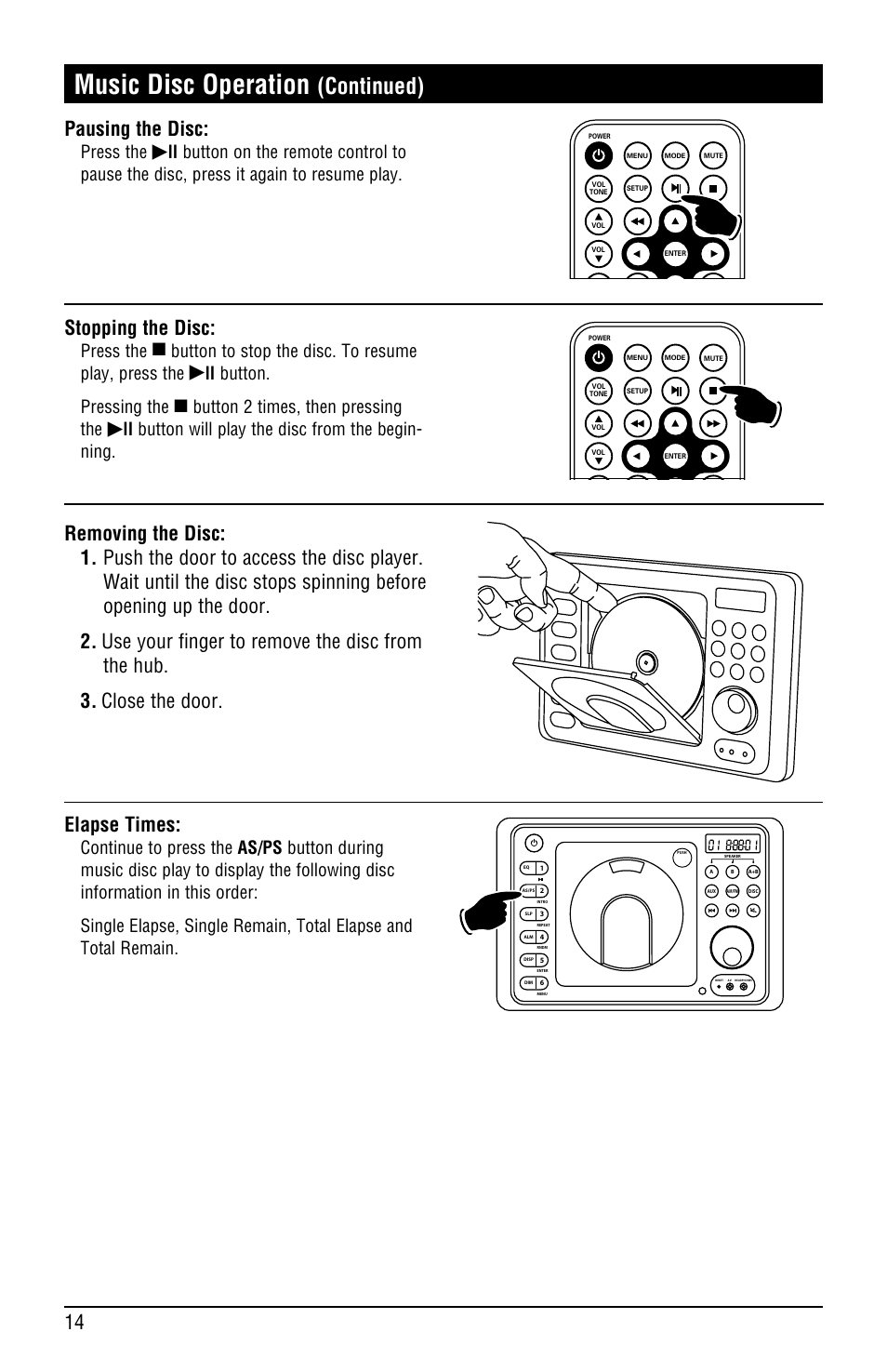 Music disc operation, Continued), Stopping the disc | Pausing the disc, Press the, Button to stop the disc. to resume play, press the, Ll button. pressing the, Button 2 times, then pressing the, Ll button will play the disc from the begin- ning | Linear RV4500 User Manual | Page 14 / 28