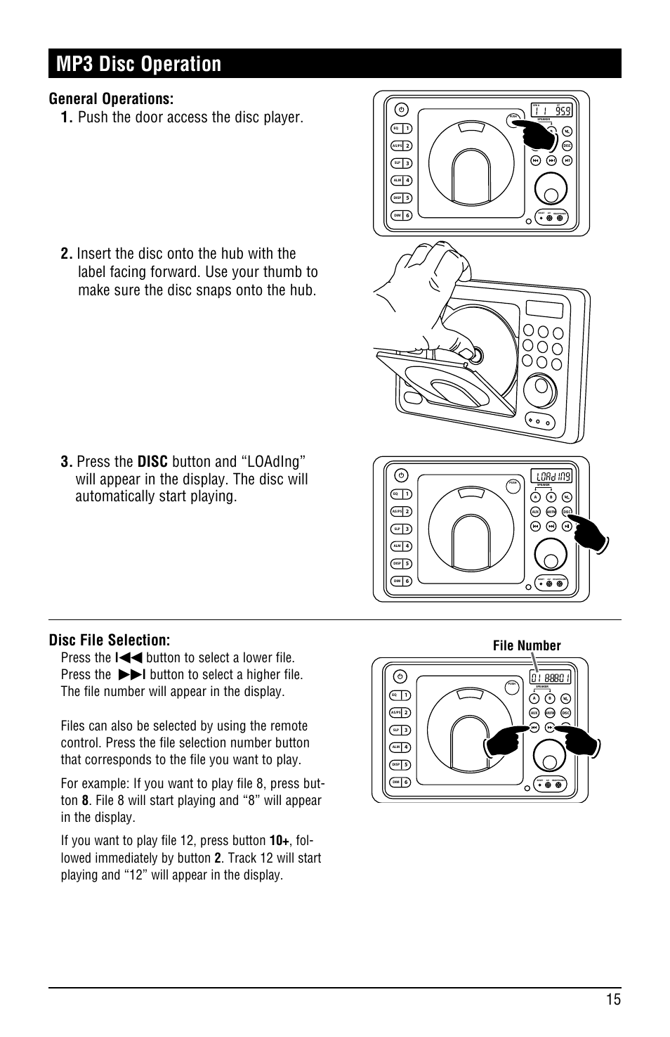 Mp3 disc operation, Press the l, Button to select a lower file. press the | File number | Linear RV4500 User Manual | Page 15 / 28