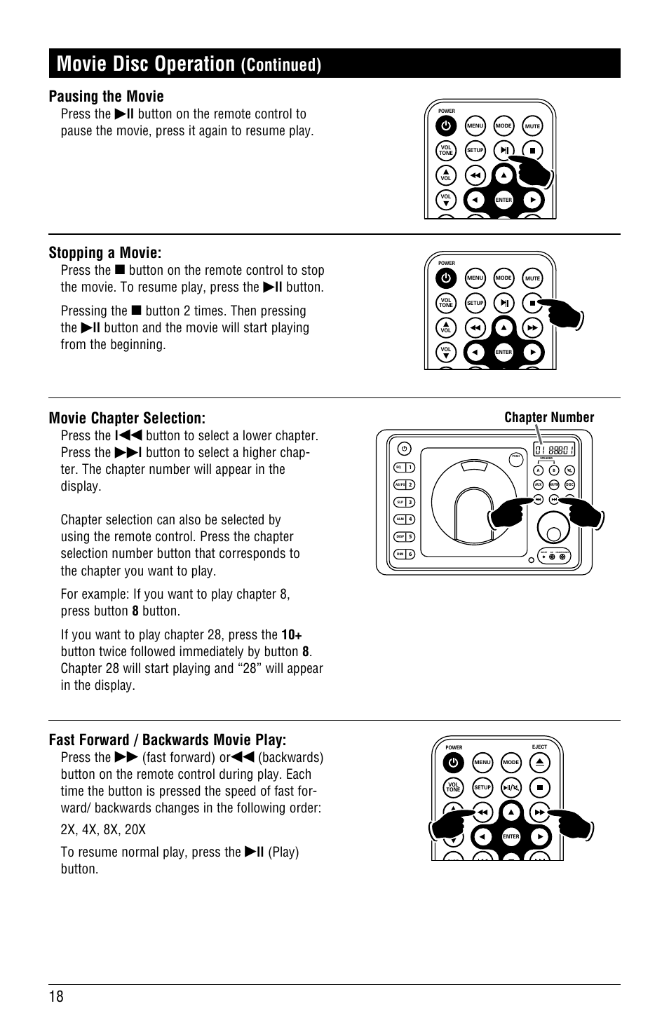 Movie disc operation, Continued), Fast forward / backwards movie play | Stopping a movie, Movie chapter selection, Pausing the movie, Press the, Fast forward) or, Ll (play) button, Ll button. pressing the | Linear RV4500 User Manual | Page 18 / 28