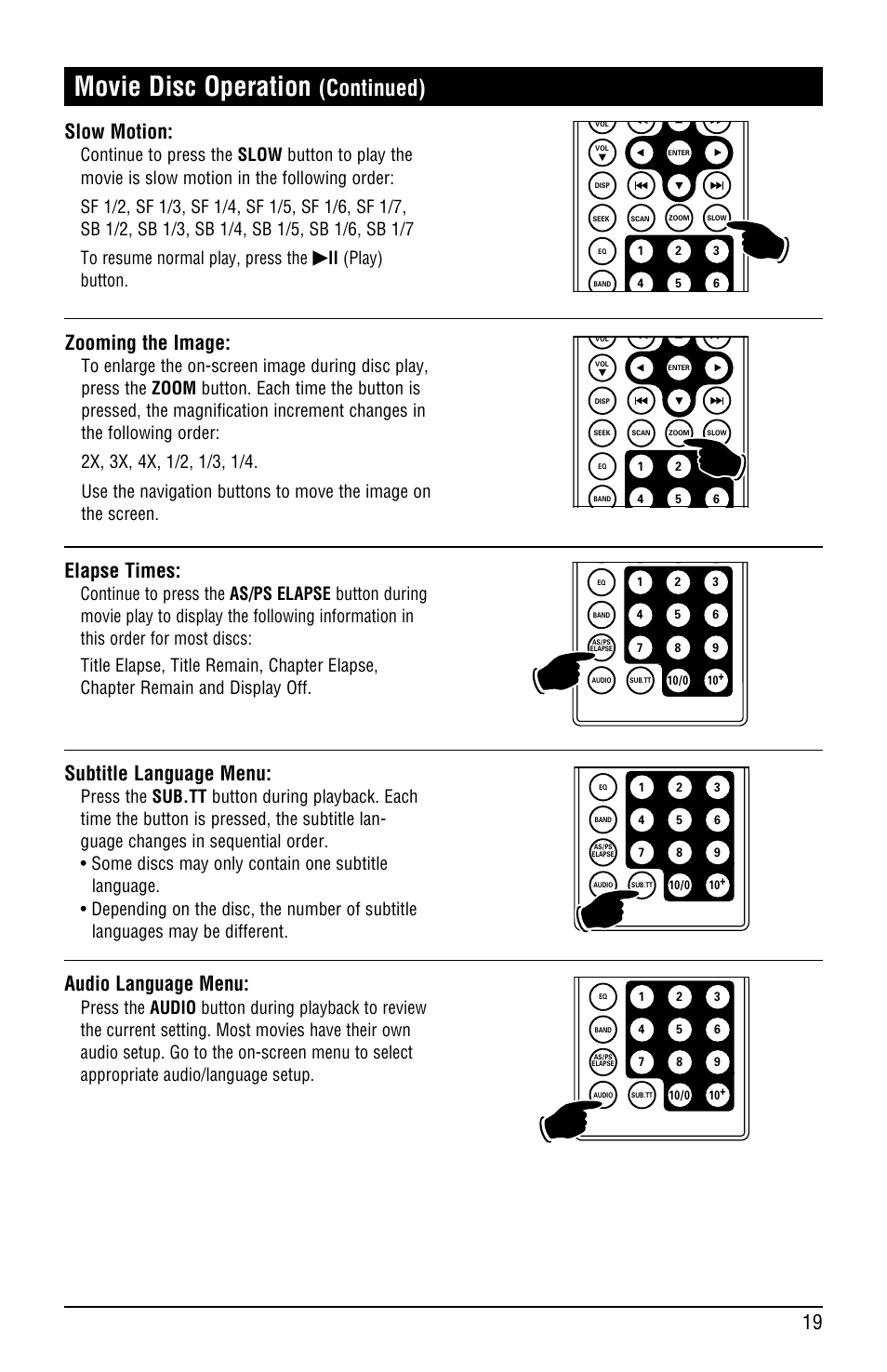 Movie disc operation, Continued), Zooming the image | Slow motion, Subtitle language menu, Elapse times, Audio language menu, Ll (play) button | Linear RV4500 User Manual | Page 19 / 28