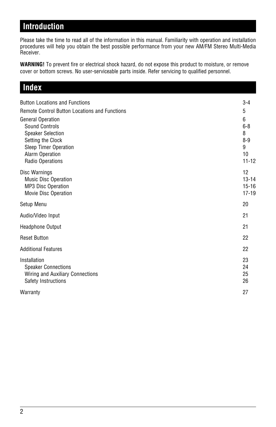 Introduction, Index | Linear RV4500 User Manual | Page 2 / 28
