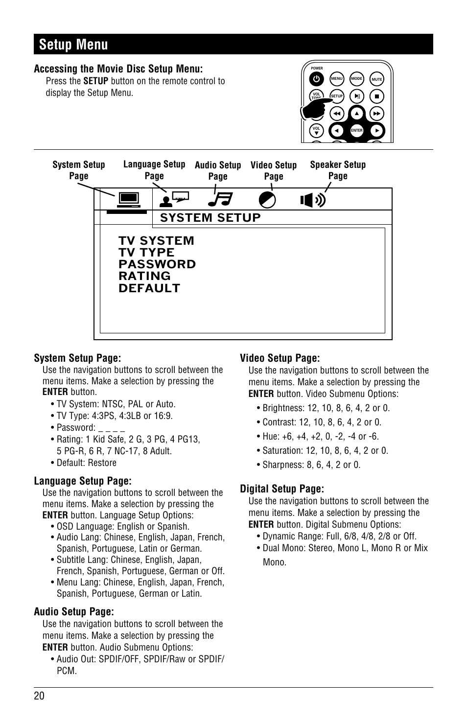 Setup menu | Linear RV4500 User Manual | Page 20 / 28