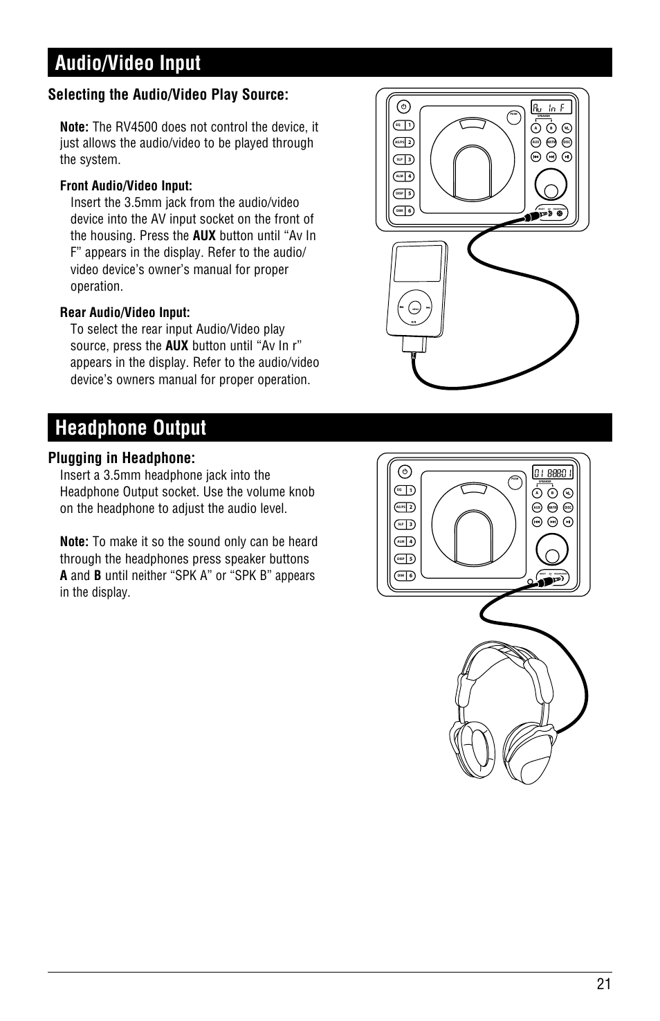 Audio/video input, Headphone output, Selecting the audio/video play source | Plugging in headphone | Linear RV4500 User Manual | Page 21 / 28