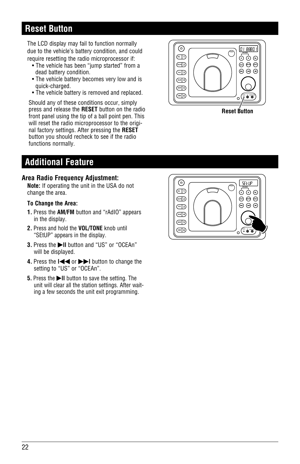 Reset button additional feature, Area radio frequency adjustment, Reset button | Linear RV4500 User Manual | Page 22 / 28