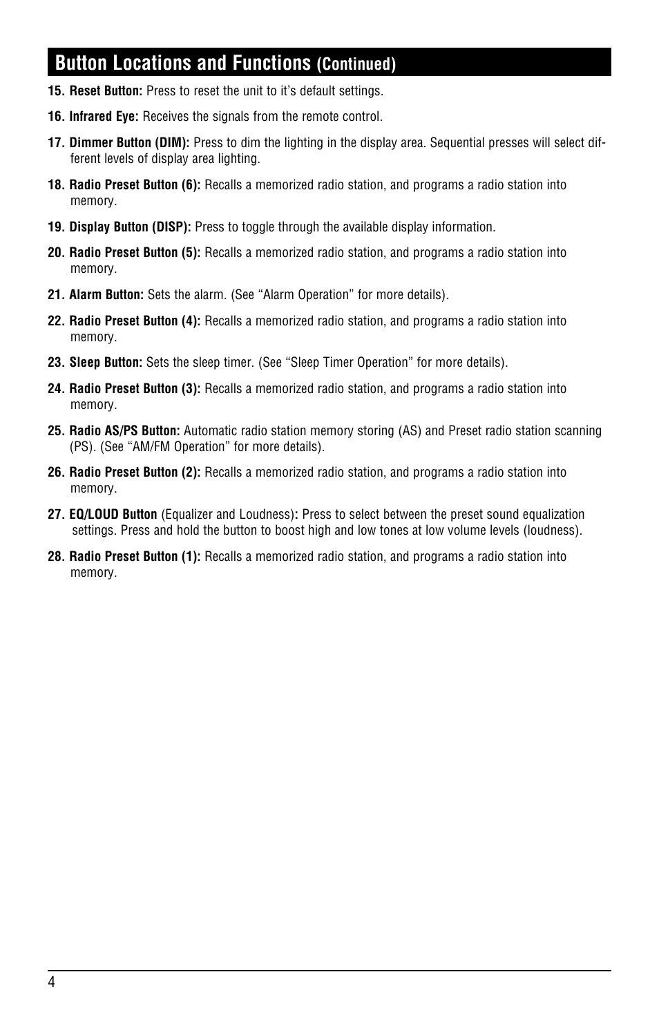 Button locations and functions, Continued) | Linear RV4500 User Manual | Page 4 / 28