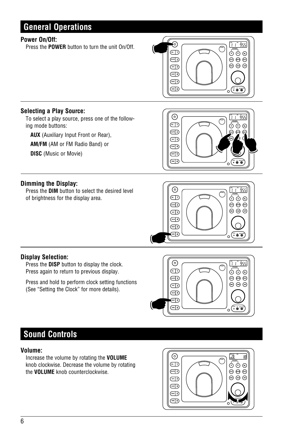 General operations, Sound controls, Selecting a play source | Dimming the display, Display selection, Volume, Power on/off, Press the power button to turn the unit on/off | Linear RV4500 User Manual | Page 6 / 28