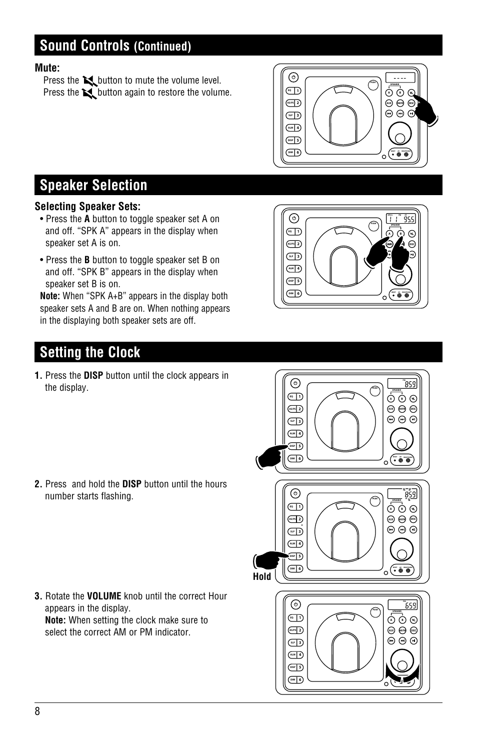 Sound controls, Speaker selection, Setting the clock | Continued), Mute, Selecting speaker sets | Linear RV4500 User Manual | Page 8 / 28