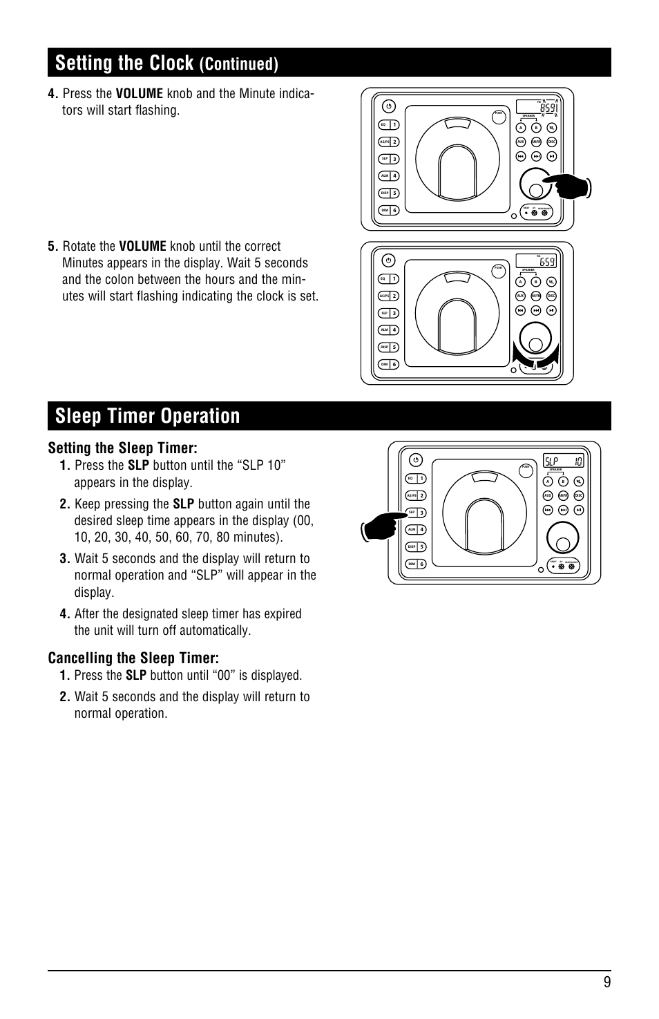 Sleep timer operation, Setting the clock, Continued) | Setting the sleep timer, Cancelling the sleep timer | Linear RV4500 User Manual | Page 9 / 28