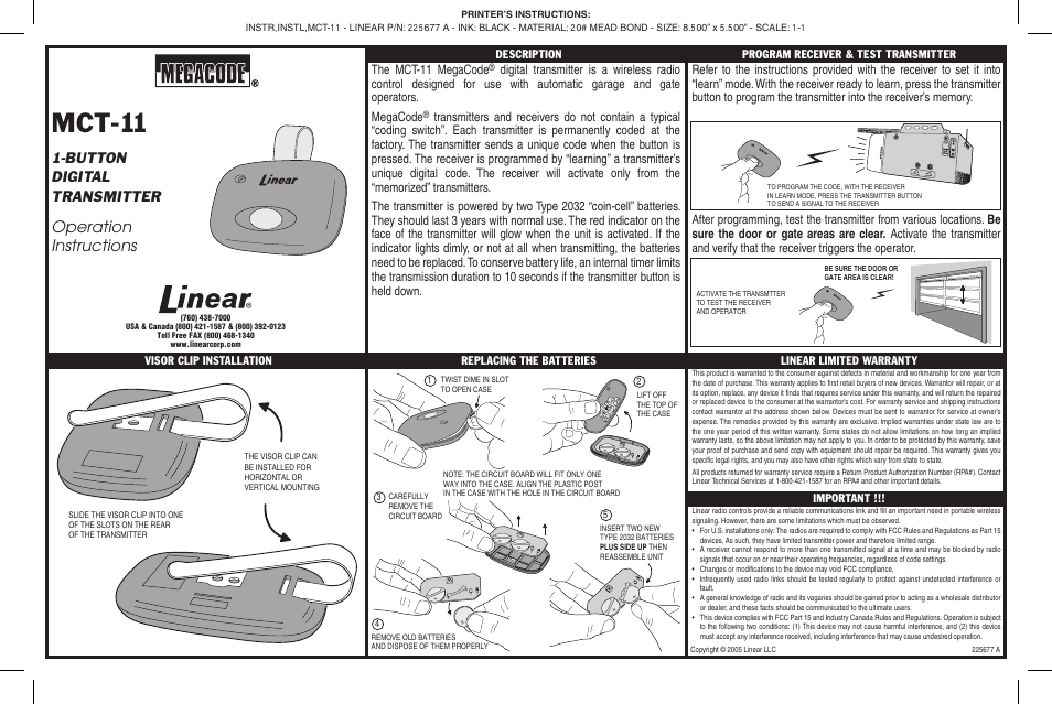 Linear MCT-11 User Manual | 1 page