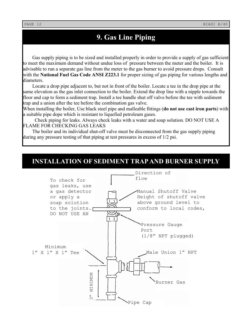 Gas line piping, Installation of sediment trap and burner supply | Linear Boiler User Manual | Page 12 / 28