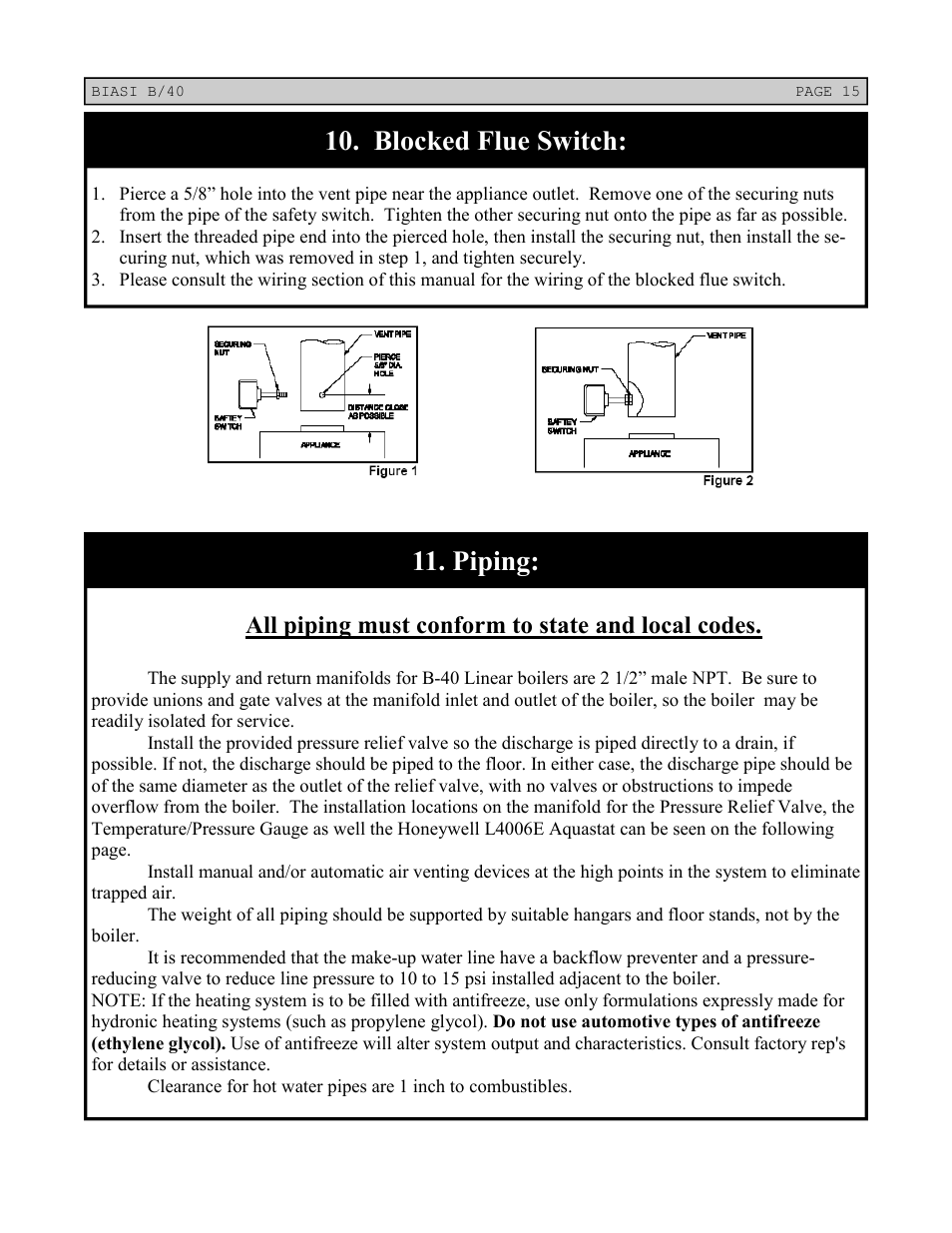 Piping, Blocked flue switch, All piping must conform to state and local codes | Linear Boiler User Manual | Page 15 / 28