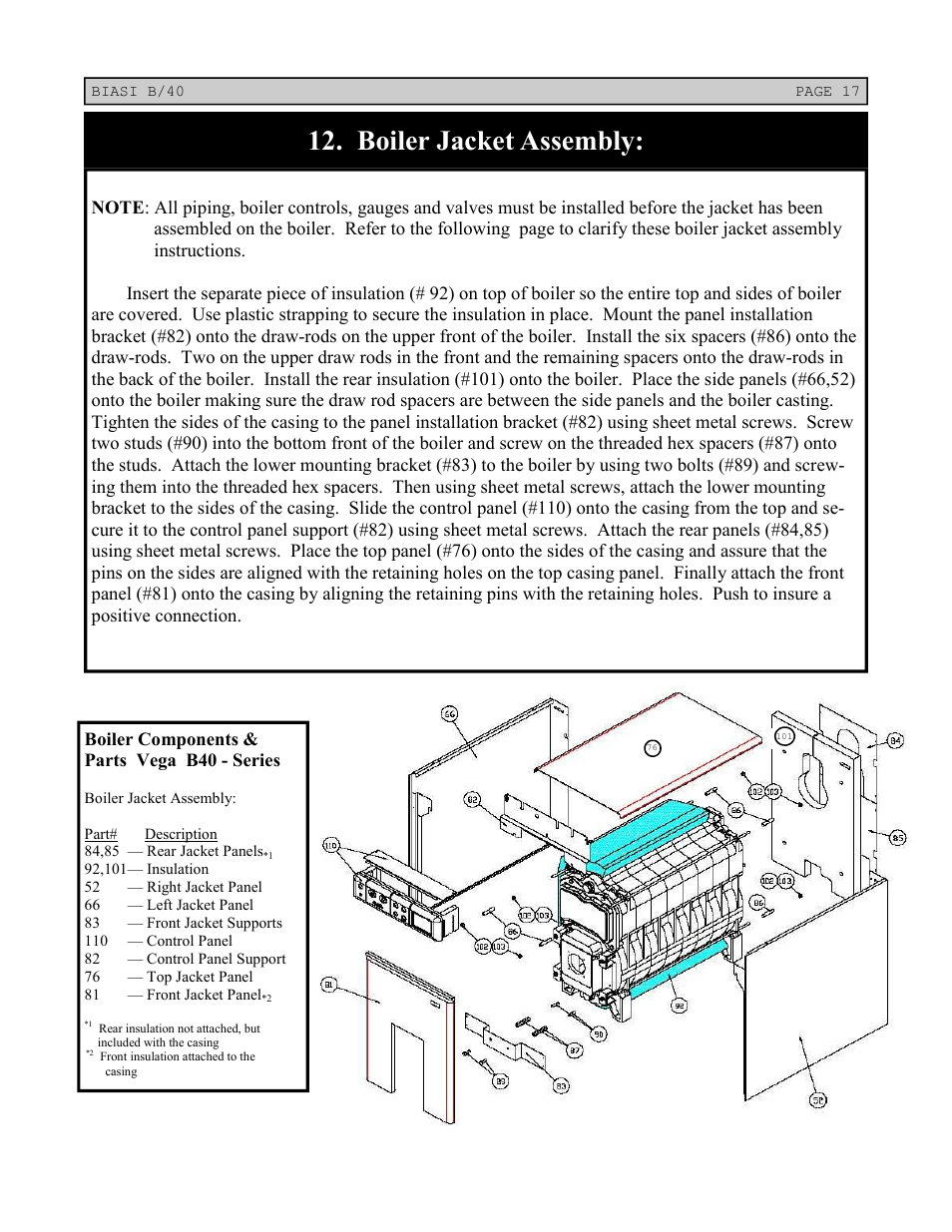 Boiler jacket assembly, Boiler components & parts vega b40 - series | Linear Boiler User Manual | Page 17 / 28