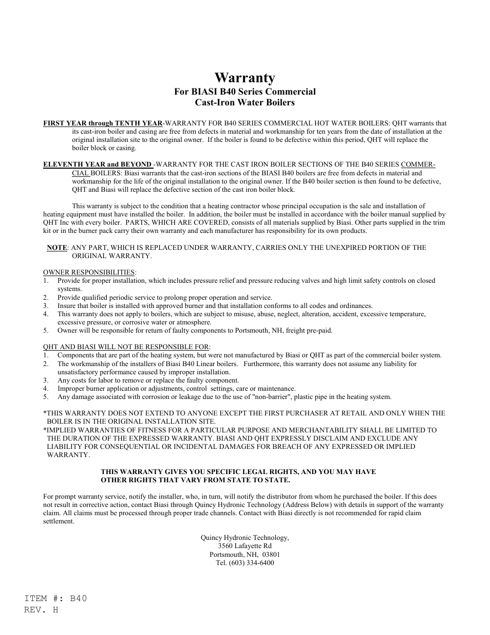 Warranty | Linear Boiler User Manual | Page 28 / 28