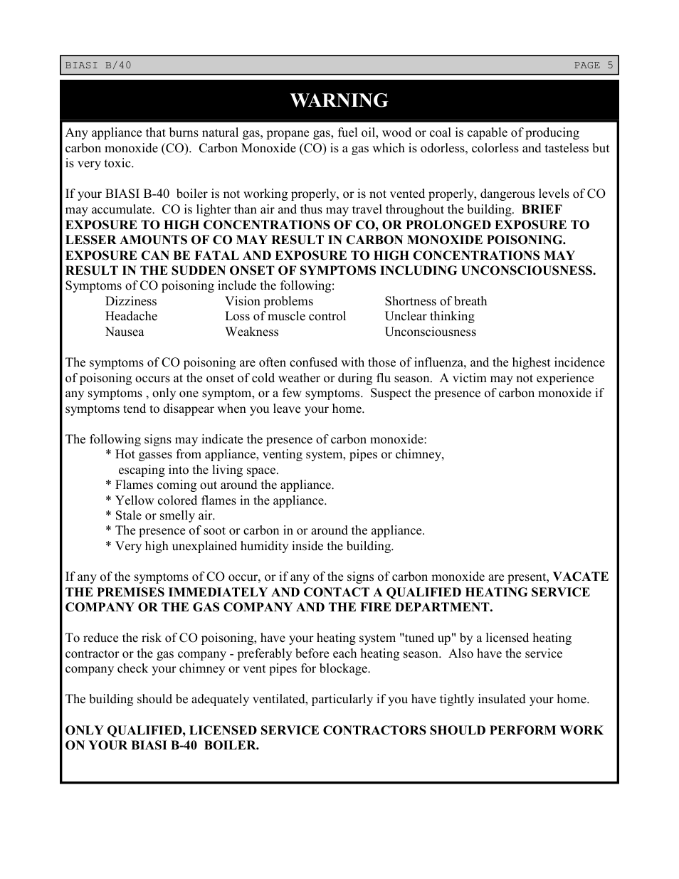 Warning | Linear Boiler User Manual | Page 5 / 28