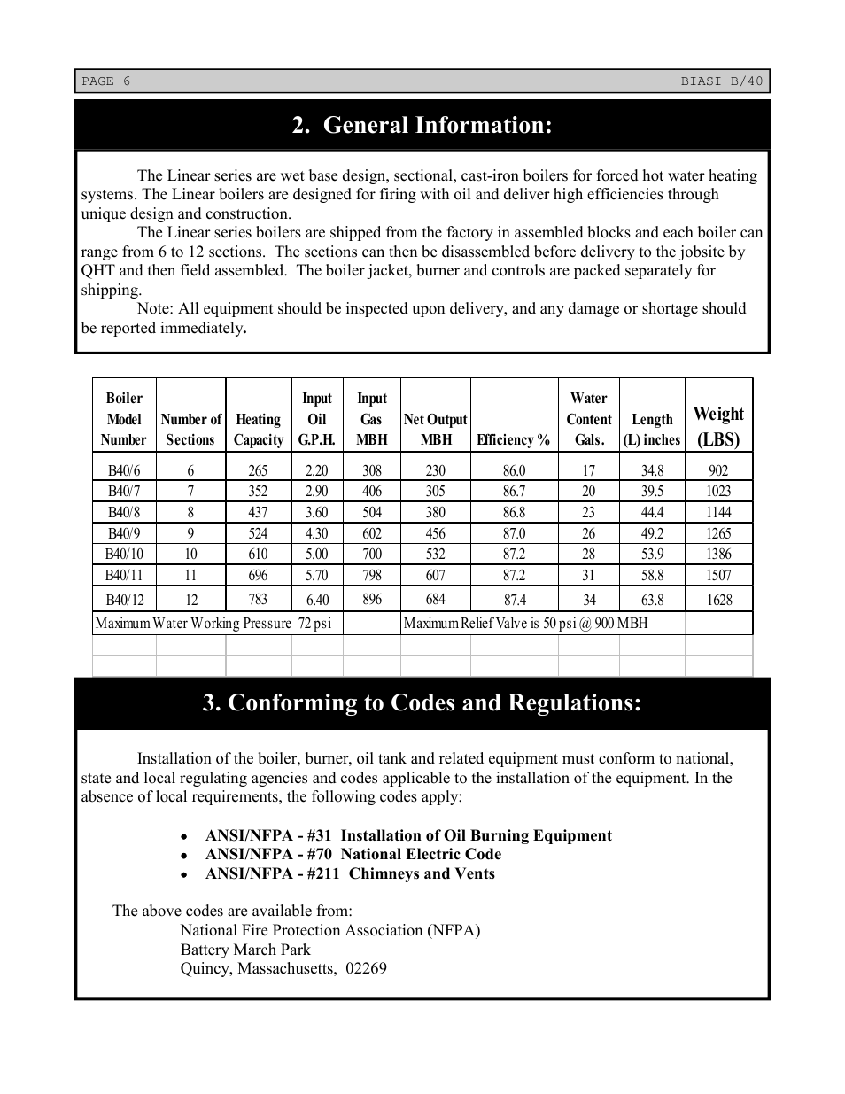 General information, Conforming to codes and regulations, Weight (lbs) | Linear Boiler User Manual | Page 6 / 28