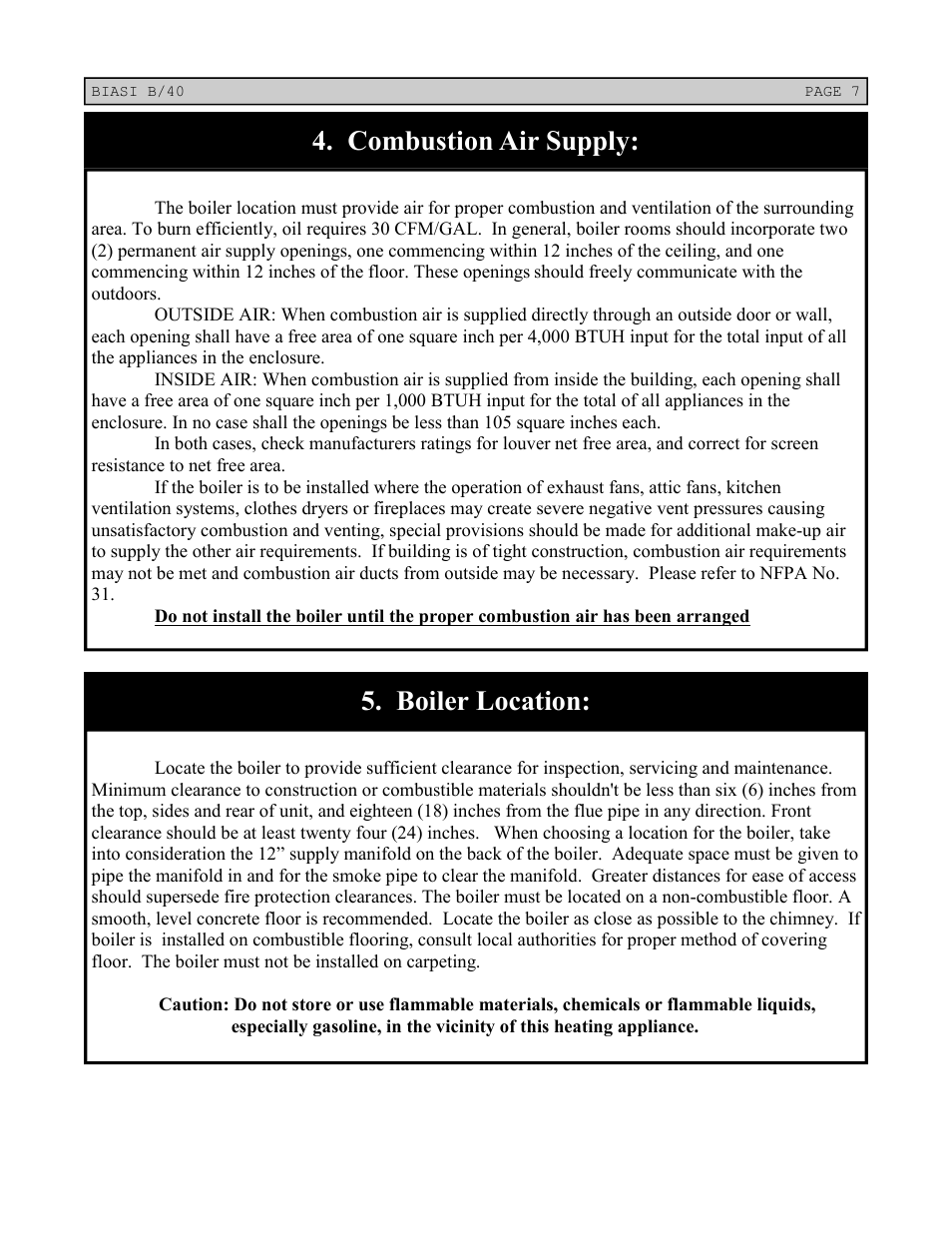 Combustion air supply: 5. boiler location | Linear Boiler User Manual | Page 7 / 28
