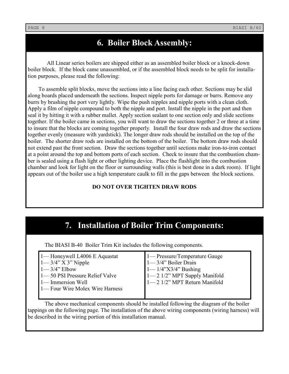 Boiler block assembly, Installation of boiler trim components | Linear Boiler User Manual | Page 8 / 28