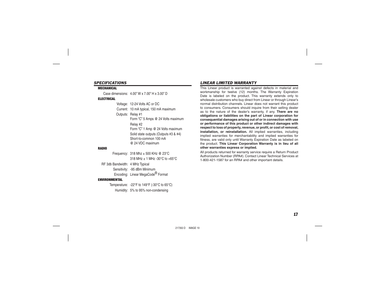 Linear AKR-1 User Manual | Page 19 / 20