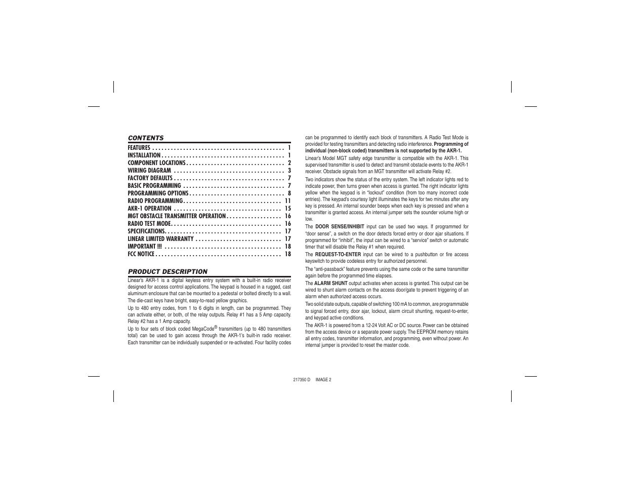 Linear AKR-1 User Manual | Page 2 / 20