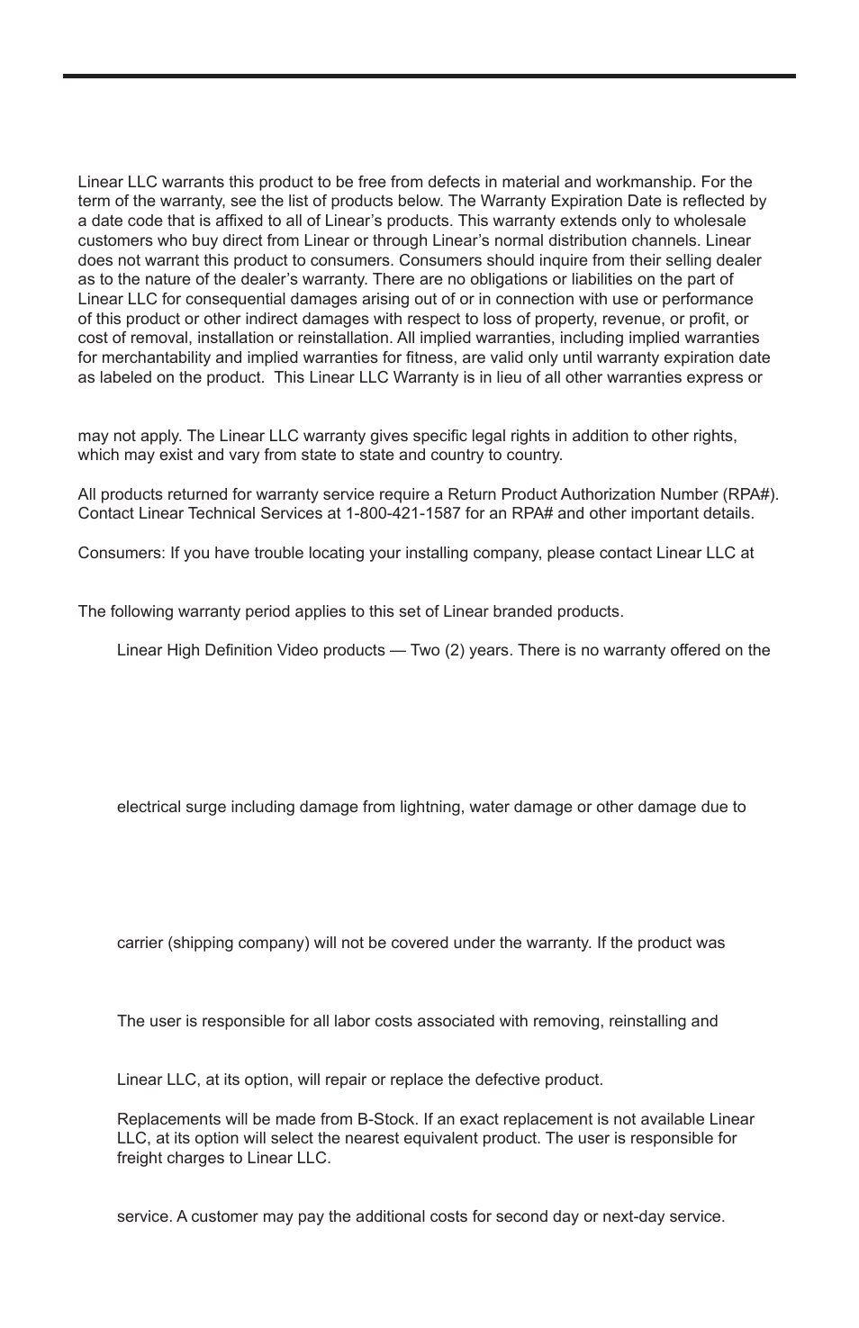Warranty | Linear COMP-DA-1X3 User Manual | Page 11 / 12