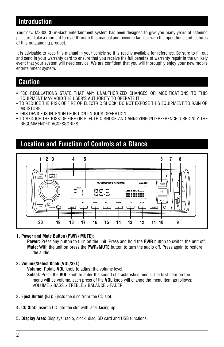 Location and function of controls at a glance, Introduction, Caution | Linear M3300CD User Manual | Page 2 / 12