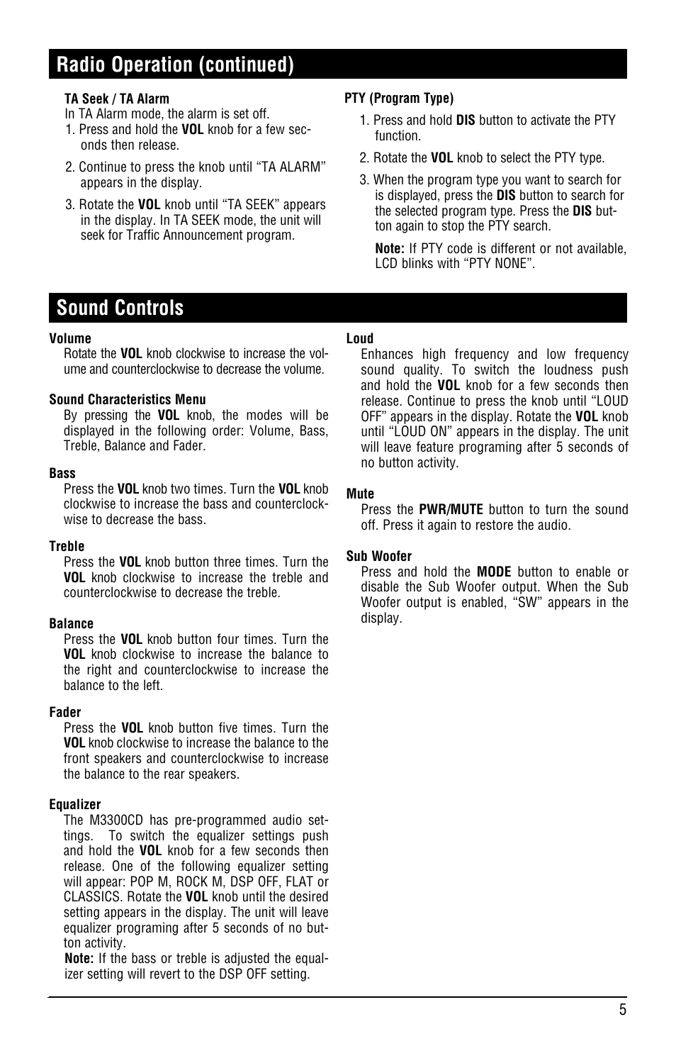 Sound controls, Radio operation (continued) | Linear M3300CD User Manual | Page 5 / 12