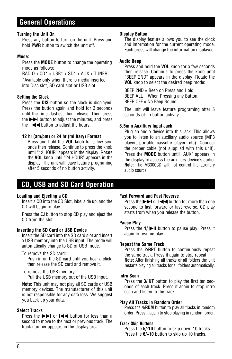 Cd, usb and sd card operation general operations | Linear M3300CD User Manual | Page 6 / 12