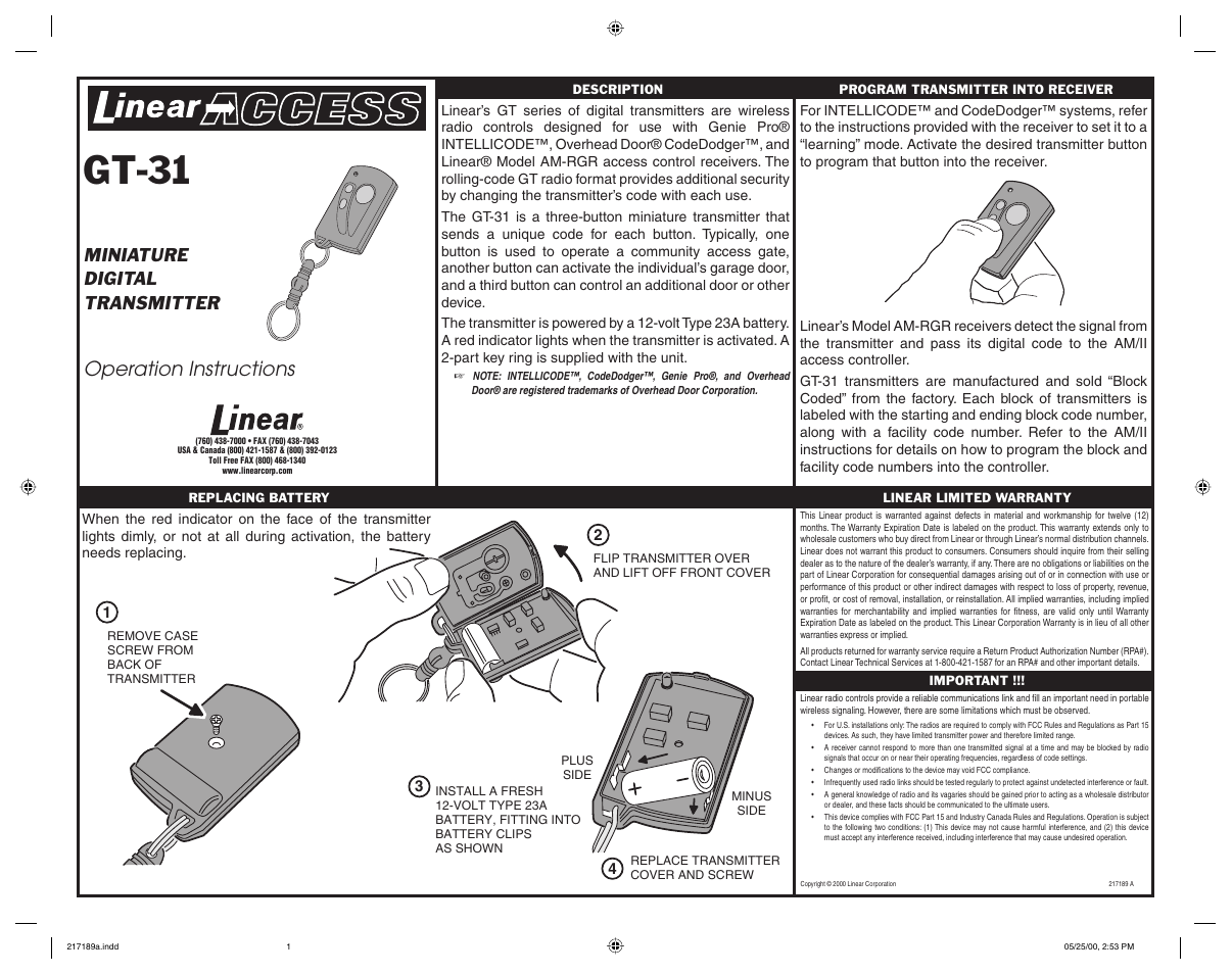 Linear GT-31 User Manual | 1 page