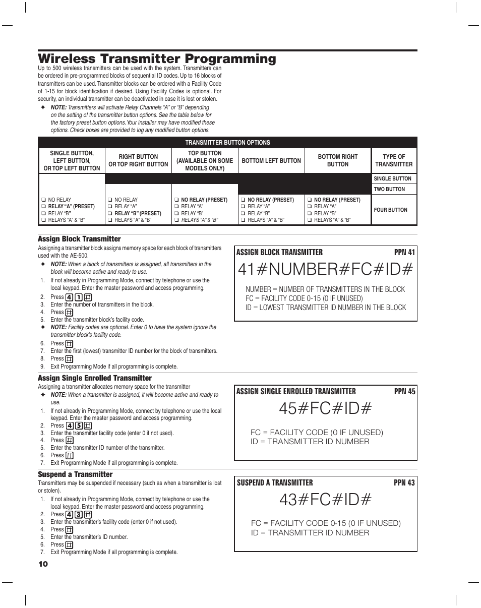 41#number#fc#id, 43#fc#id, 45#fc#id | Wireless transmitter programming | Linear AE-500 User Manual | Page 10 / 16