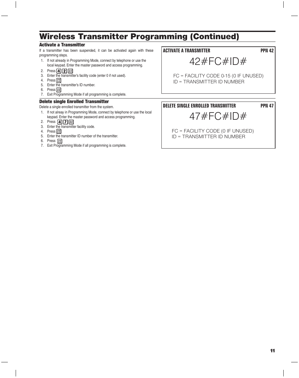 42#fc#id, 47#fc#id, Wireless transmitter programming (continued) | Linear AE-500 User Manual | Page 11 / 16