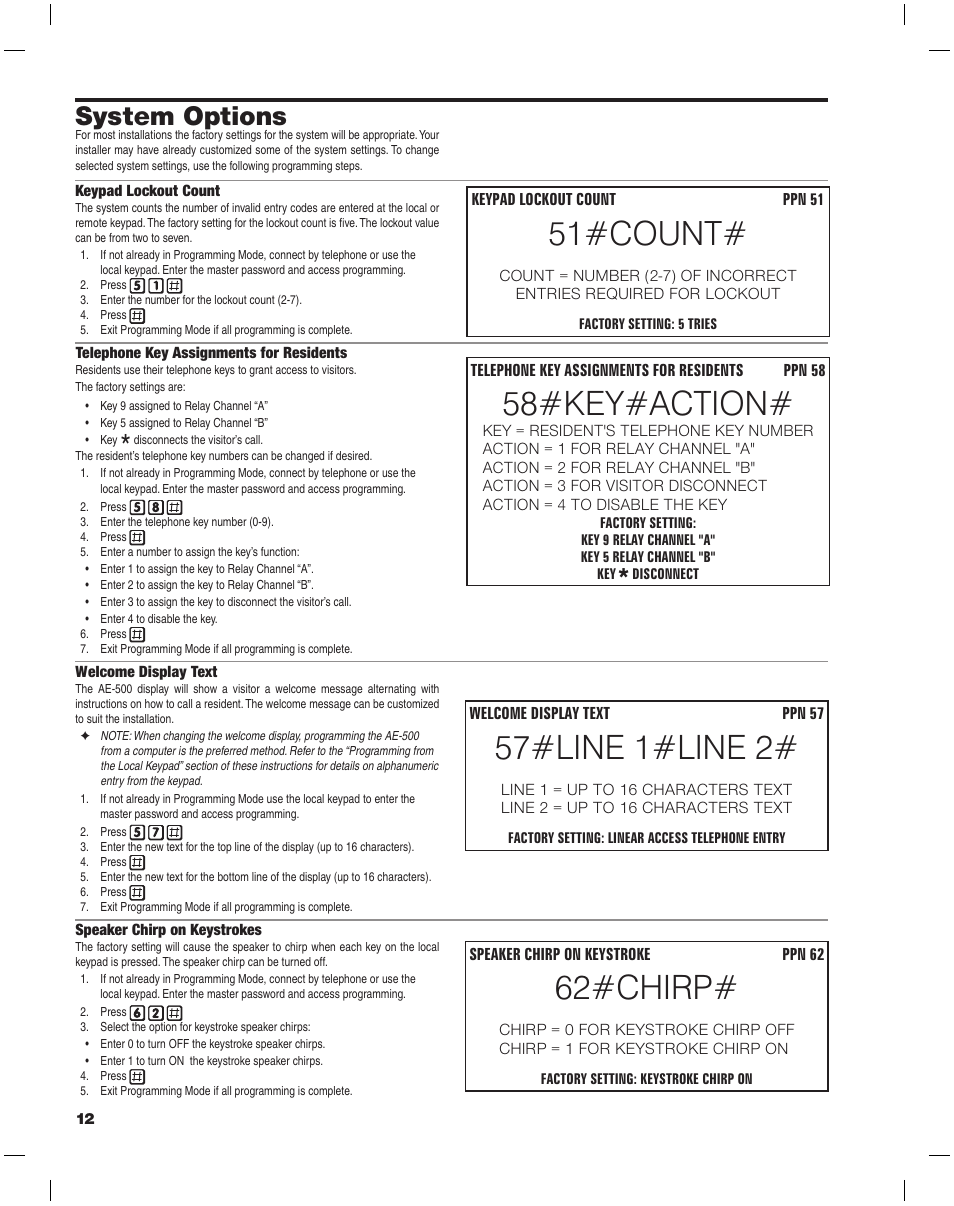62#chirp, 57#line 1#line 2, 51#count | 58#key#action, System options | Linear AE-500 User Manual | Page 12 / 16