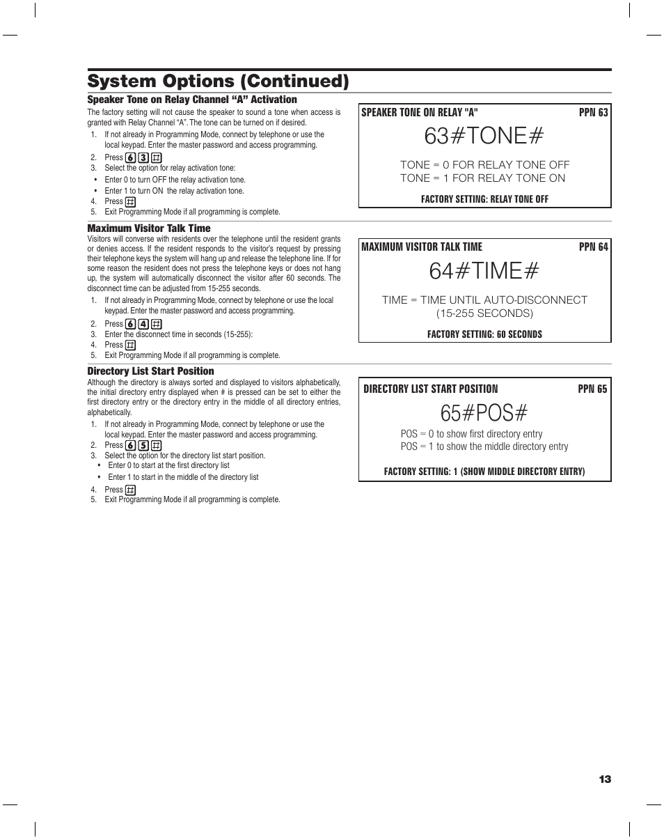 63#tone, 64#time, 65#pos | System options (continued) | Linear AE-500 User Manual | Page 13 / 16