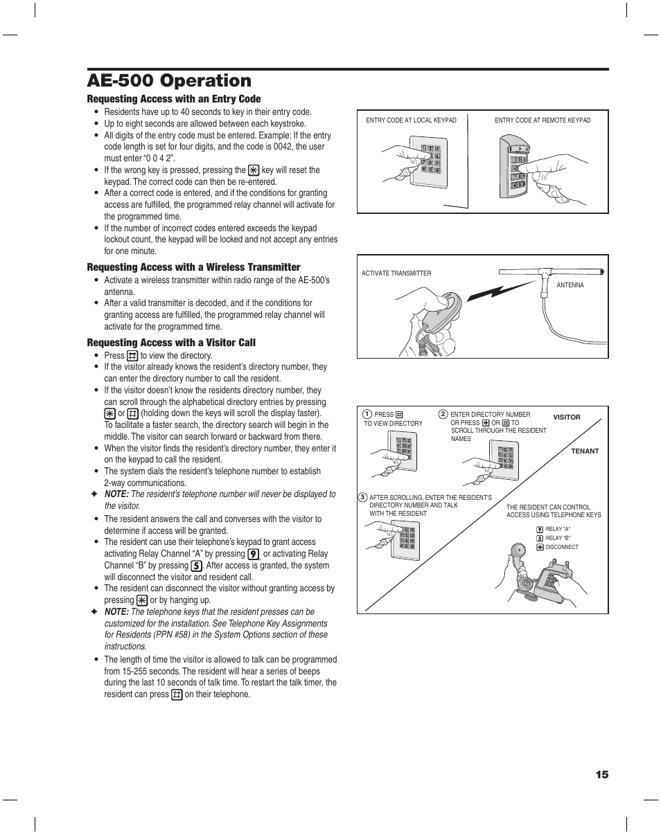 Ae-500 operation, Requesting access with an entry code, Requesting access with a wireless transmitter | Requesting access with a visitor call | Linear AE-500 User Manual | Page 15 / 16