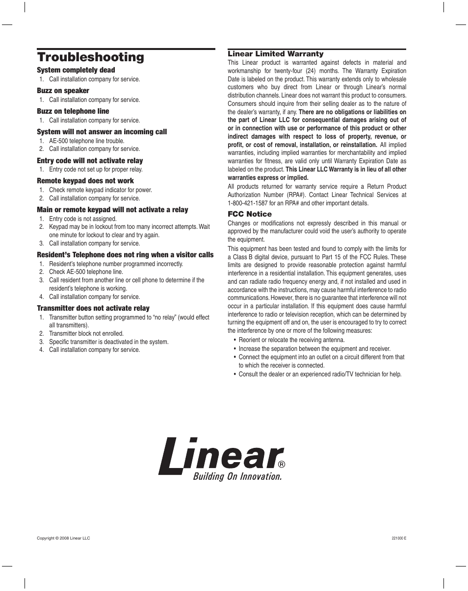 Troubleshooting | Linear AE-500 User Manual | Page 16 / 16