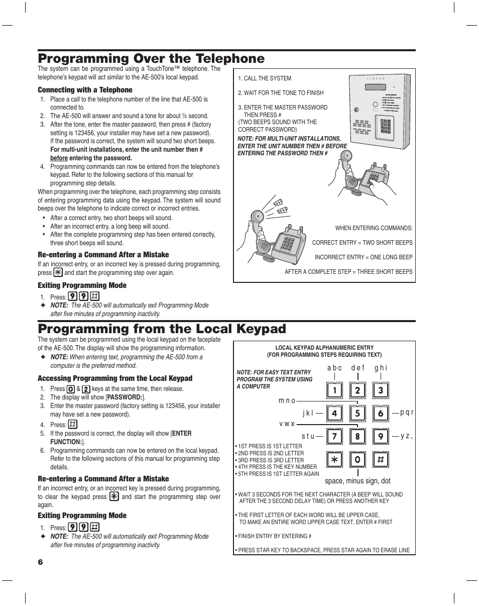 Programming over the telephone, Programming from the local keypad | Linear AE-500 User Manual | Page 6 / 16