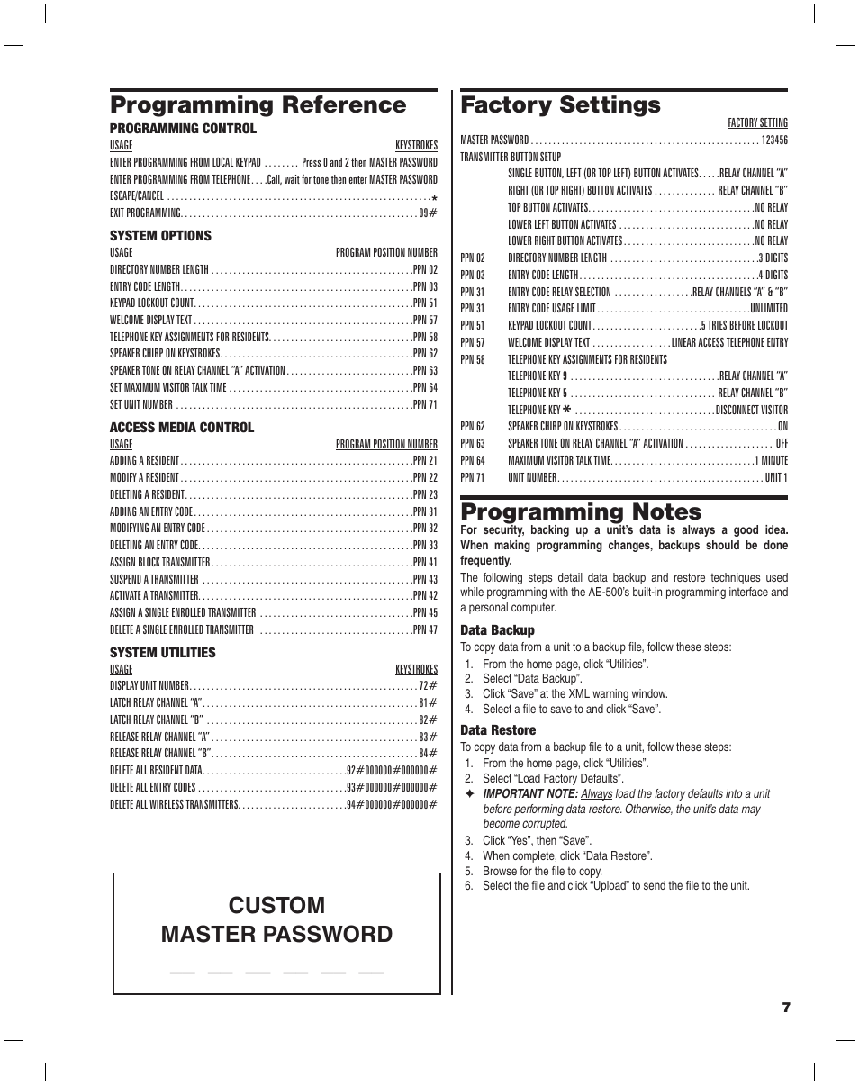 Programming reference, Factory settings, Custom master password | Linear AE-500 User Manual | Page 7 / 16