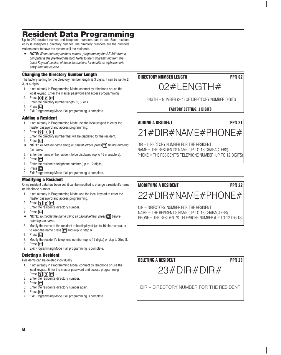 02#length, 21#dir#name#phone, 22#dir#name#phone | 23#dir#dir, Resident data programming | Linear AE-500 User Manual | Page 8 / 16