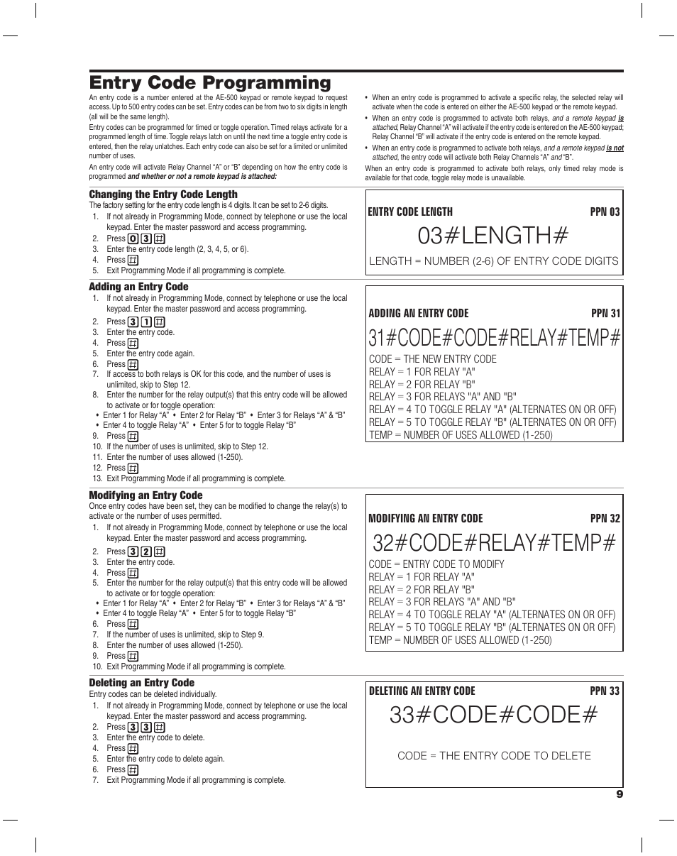 03#length, 31#code#code#relay#temp, 32#code#relay#temp | 33#code#code, Entry code programming | Linear AE-500 User Manual | Page 9 / 16