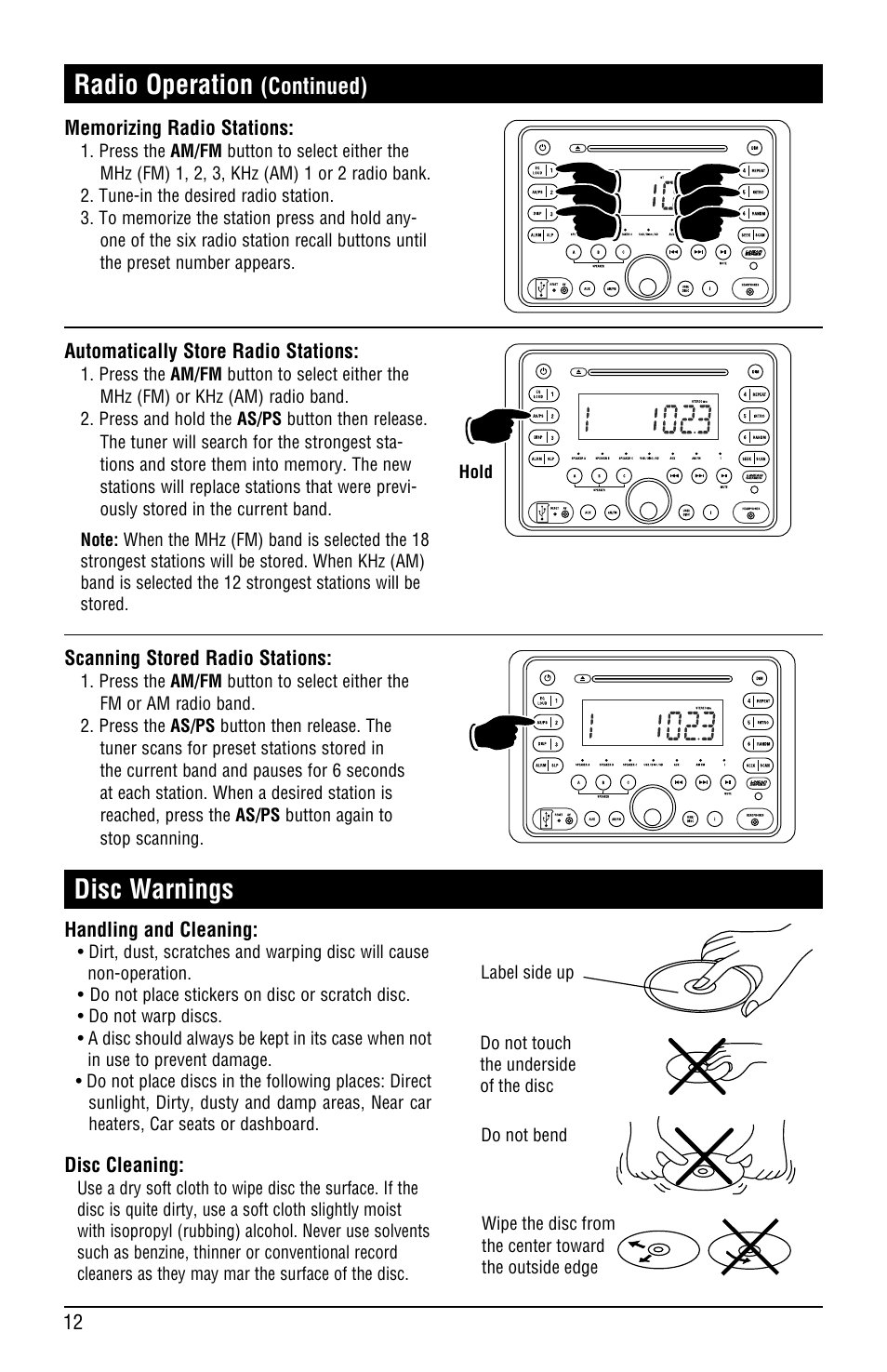 Disc warnings, Radio operation, Continued) | Linear RV5080 User Manual | Page 12 / 32