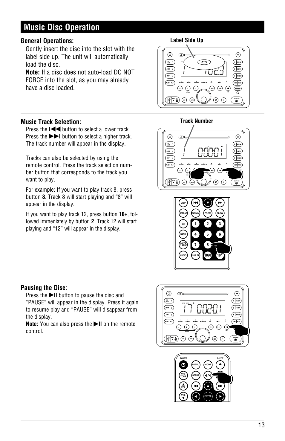 Music disc operation, Pausing the disc, Press the l | Button to select a lower track. press the, Press the, Ll on the remote control, Track number | Linear RV5080 User Manual | Page 13 / 32