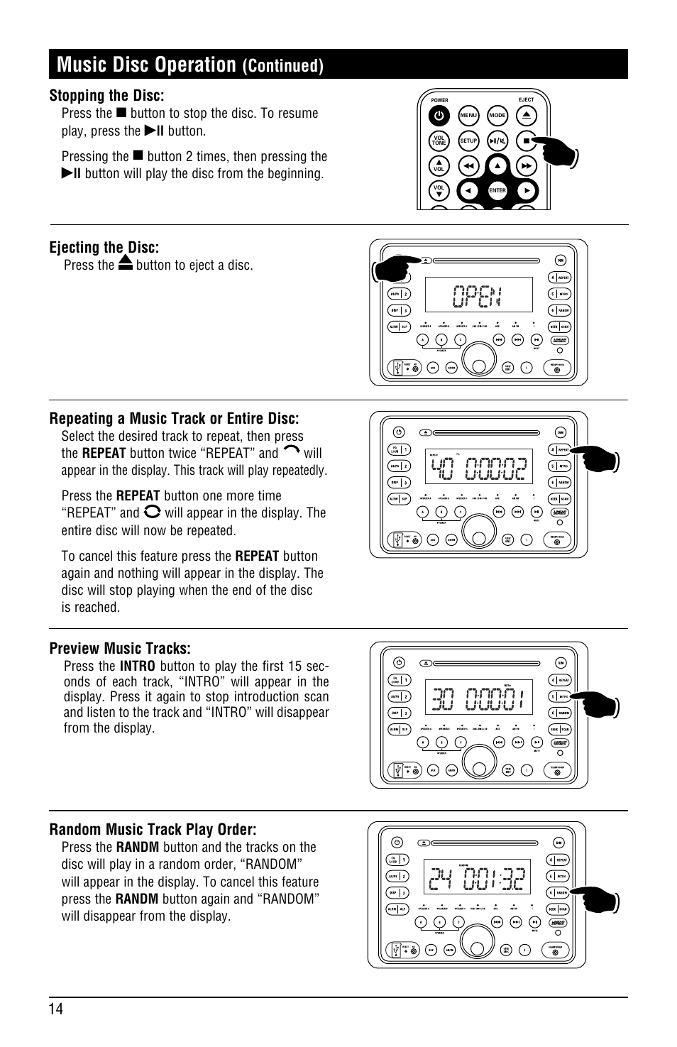 Music disc operation, Continued), Ejecting the disc | Preview music tracks, Random music track play order, Stopping the disc, Repeating a music track or entire disc | Linear RV5080 User Manual | Page 14 / 32