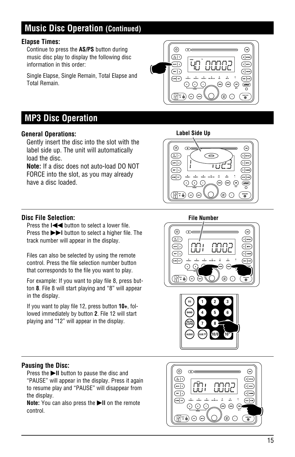 Music disc operation, Mp3 disc operation, Continued) | 15 elapse times, Pausing the disc | Linear RV5080 User Manual | Page 15 / 32