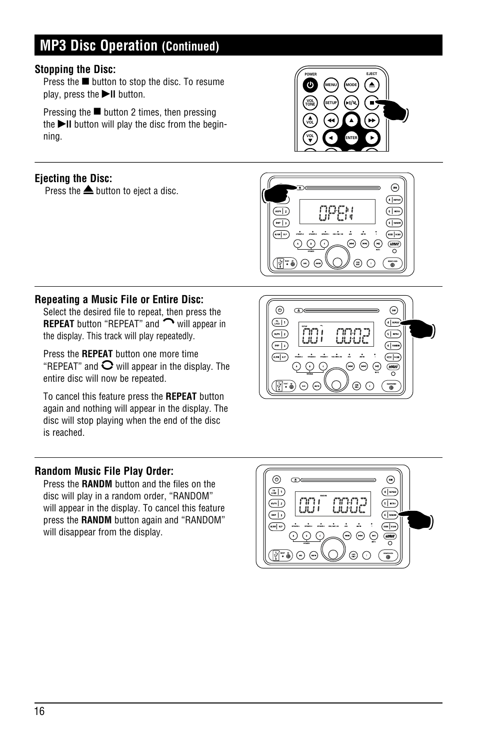 Mp3 disc operation, Continued), Stopping the disc | Ejecting the disc, Random music file play order, Repeating a music file or entire disc | Linear RV5080 User Manual | Page 16 / 32