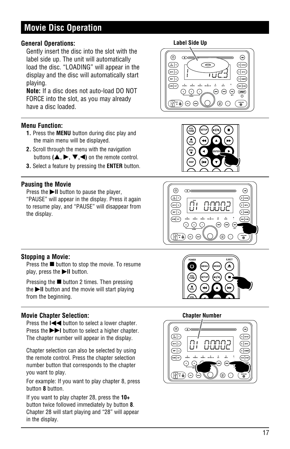 Movie disc operation, Menu function, Pausing the movie | Stopping a movie, Movie chapter selection | Linear RV5080 User Manual | Page 17 / 32